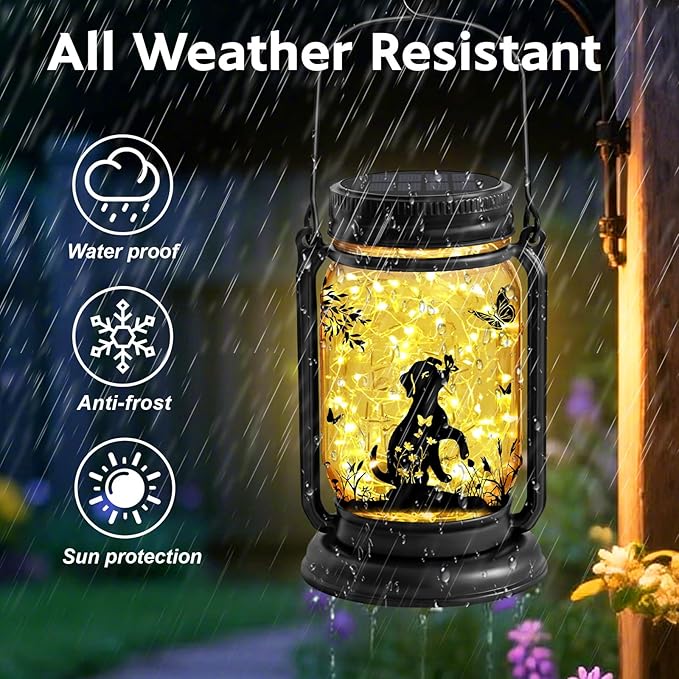 2 Pack Dog Solar Lanterns 3-IN-1 Outdoor Waterproof - Birthday Gifts for Dog Lovers Women Mom Christmas, Mason Jar Hanging Lanterns with Stake, Garden Decor Lights for Patio Yard Balcony Decorations