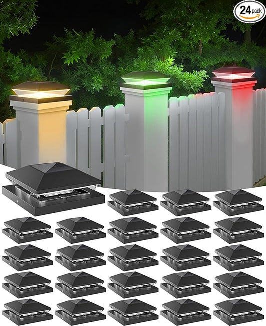 T-SUN Solar Post Cap Lights with Auto-Change Colors- for Wooden (4x4/6x6) & Vinyl (4x4/5x5) Posts | Weatherproof Outdoor Solar Fence Post Lights for Deck, Porch, Garden & Stairs(24-Pack,RGB)