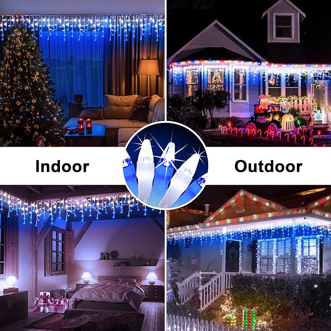 648 LED 66FT Christmas Lights 144 Drops, Outdoor Hanging light with 8 Modes & Timer, Plug in Curtain String Light Outdoor Waterproof for Holiday Wedding Party House Tree Outside Decor (Blue & White)