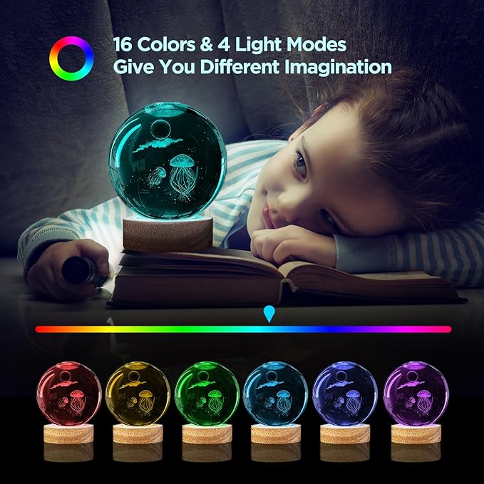 3D Jellyfish Crystal Ball Night Light with 16 Color Led Wooden Base Large 3.15 Inch Glass Ball Lamp with Remote for Birthday Christmas Cool Jellyfish Decor Gifts for Boys Girls