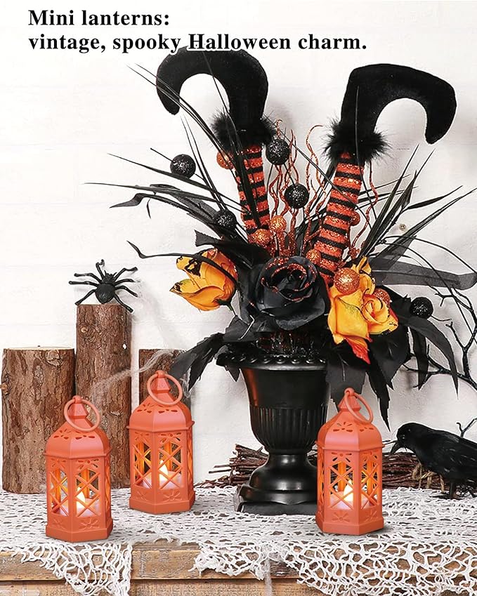 8-Pack Mini Lanterns for Ramadan, Halloween, Christmas, Small Lanterns with Flickering LED Candle for Enchanted Forest Wedding, Moroccan Lantern for Table Centerpiece, Medieval Decor, Orange