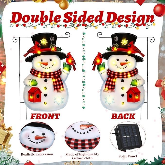 VIHOSE Lighted Christmas Garden Flag, 12 x 18 Inch 8 Modes Double Sided Solar Christmas Decorations, LED Snowman Garden Flag, Outdoor Yard Decor for Xmas Winter Patio Porch Lawn