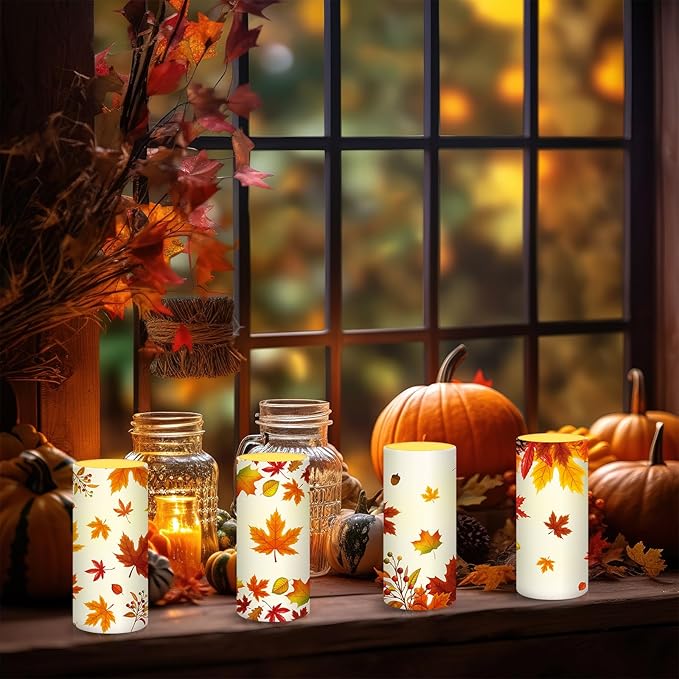 Tiamon Maple Leaf Flameless Candles Led Leaves Candles Battery Operated Yellow Flickering Candles with 18-Key Remote Timer Pillar for Garden Flower Plants Party Table Decorations