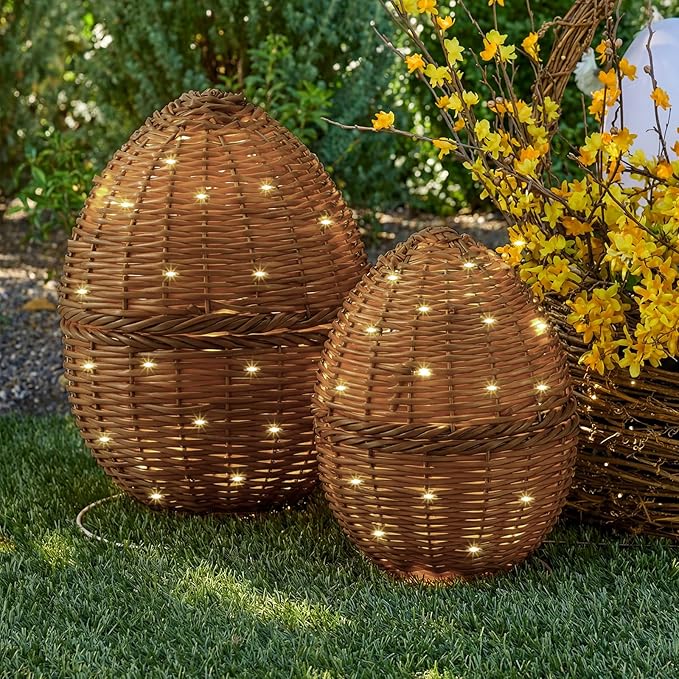 Soulchen 2 Pcs Large Rattan Easter Egg Decorations, 9.8" & 8.7" Spring Farmhouse Wicker Easter Eggs with LED Lights Decor for Table Centerpiece Mantle Outdoor Porch Garden Patio,