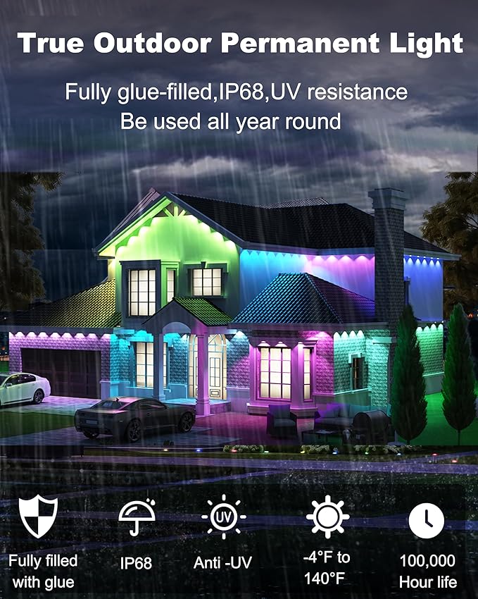 Permanent Outdoor Lights Pro, 50FT with 30 RGBCW IC LED String Lights Outdoor, IP68 Waterproof Smart Christmas Lights for House, Eaves, Daily, Party Decor, APP Alexa Google Control