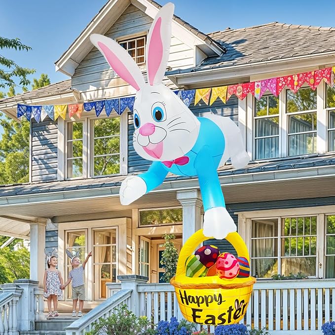 OurWarm 8FT Easter Inflatables Outdoor Decorations, Climbing Bunny with Eggs and Basket, Easter Blow Up for Outside Spring Lawn Yard Roof Decor