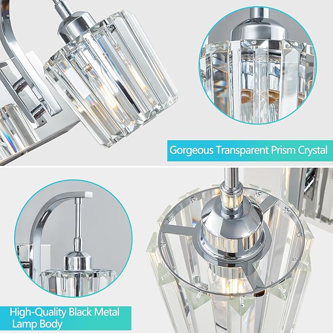 Modern Bathroom Vanity Light, 4-Light Chrome Wall Sconce with Crystal Accents, Over Mirror Bathroom Lighting Fixture, 32.67" Long Dimmable Vanity Lamp for Makeup, Easy Installation