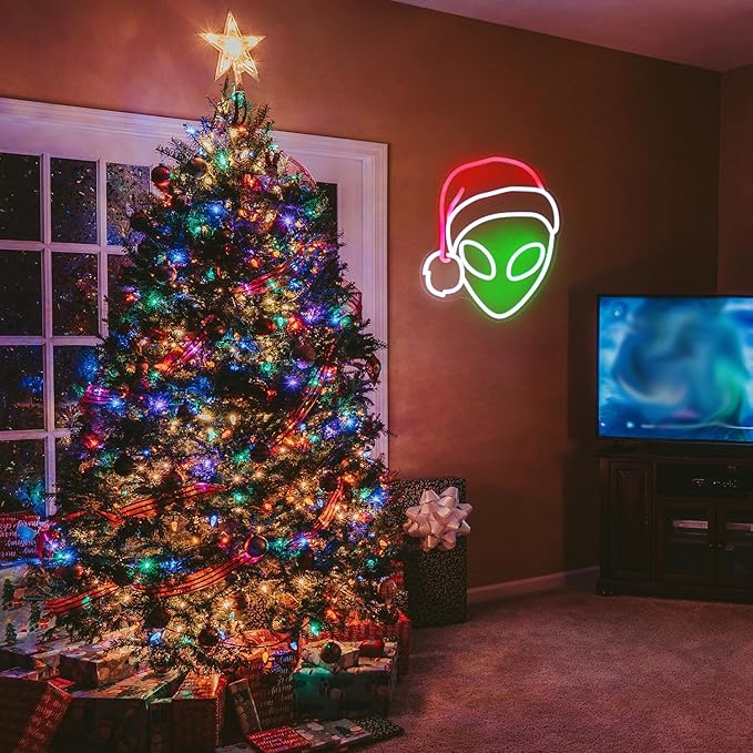 Christmas Neon Light Alien Neon Sign Green Red LED Sign Christmas Hat Neon Signs for Wall Decor Santa Hat Neon Lights for Bedroom Alien Decor Neon Wall Light for Xmas Party Decor