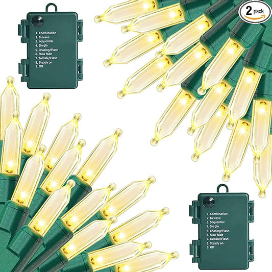 2 Pack 100 LED Outdoor Christmas Lights, 35FT Battery Operated Mini String Lights with 8 Modes & Timer Xmas Tree Lights Waterproof for Patio Garden Party Wedding Holiday Decor Warm White