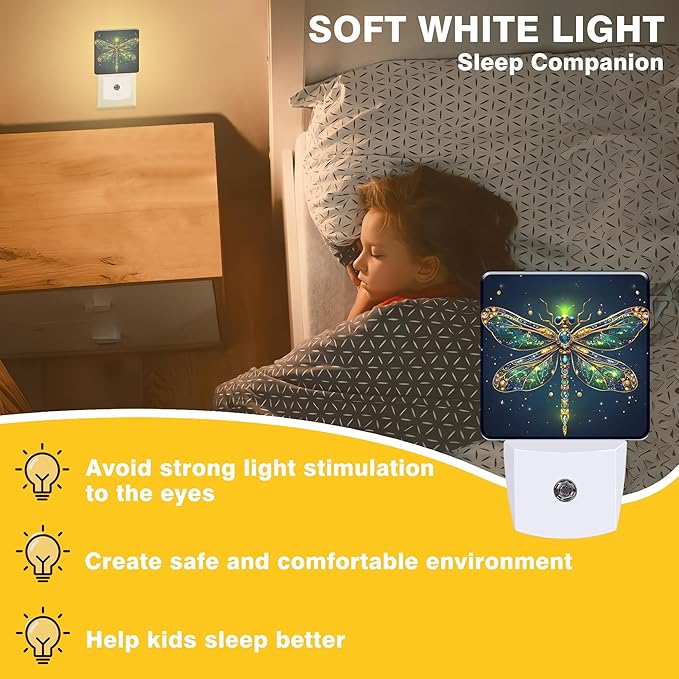 Golden Dragonfly Night Light, Plug-in Nightlight with Dusk to Dawn Auto Sensor for Home Bedroom Hallway Stairway Kitchen 0.5W Sleep Friendly Led Lamp for Women Men