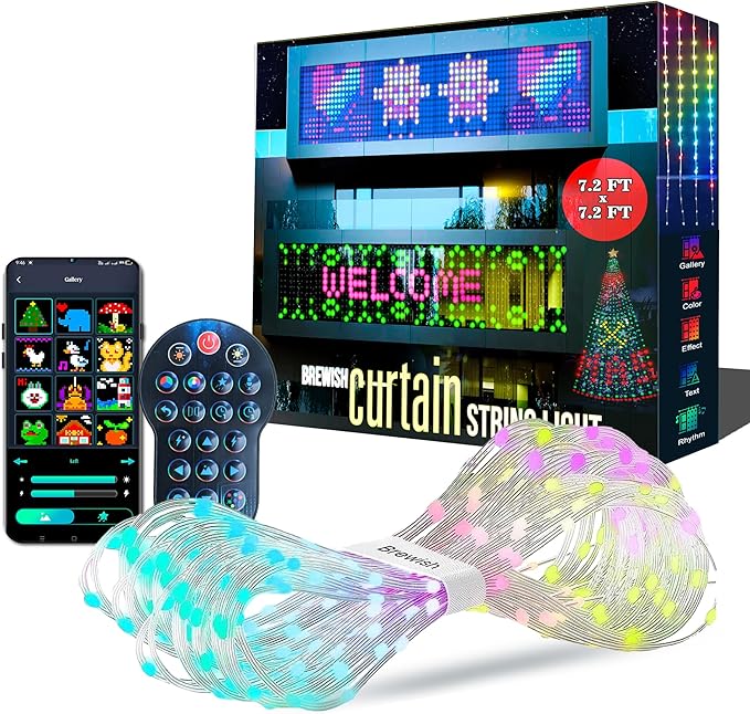 Brewish 400 LED Curtain Fairy Lights | 7.2 x 7.2 Feet Programmable DIY Christmas String Light | Color Changing Music Sync Text, Cartoon Display Options | Remote & App Controlled | IP65 Waterproof