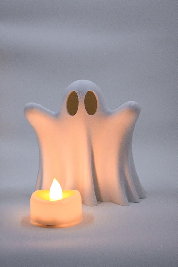 RedFive Light Up Ghost Decoration – 3D Printed LED Tea Light Halloween Decor – Cute Spooky Accent for Home, Mantel & Table – Handmade in Michigan USA