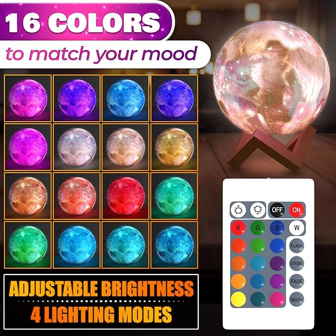 LED Galaxy Lamp 5.9" - 16 Colors, 4 Modes Mesmerizing 3D Moon Lamp with Touch & Remote Control, Wooden Stand, USB Charging - Printed Moon Night Light with Realistic Design | Party in The Dark Decor