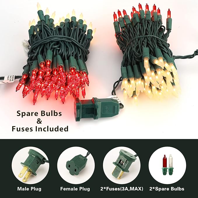 ODEETRONIC Red & White Christmas Lights, 21.63ft 100 Count Incandescent Green Wire Christmas String Lights, Connectable UL Certified Xmas Fairy Tree Light, Outdoor/Indoor Mini Light for Wedding Party