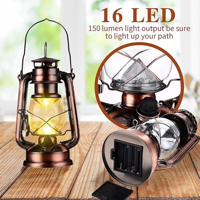 Riakrum 4 Pcs Vintage LED Hurricane Lanterns 9.5 Inch Warm White Old Hurricane Lamps Battery Operated Hanging Lanterns with Dimmer Switch for Indoor Table Centerpieces Outdoor(Bronze)