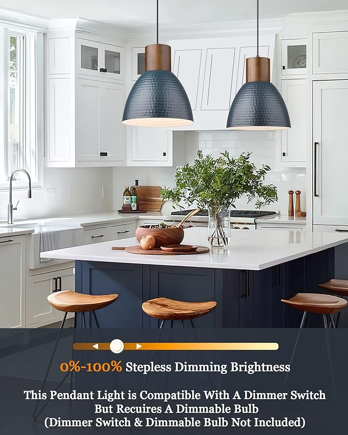 ELYONA Hammered Pendant Light for Kitchen Island, 10.2” Metal Solid Wood Bar Hanging Lamp, Adjustable Height Industrial Pendant Lighting for Dining Room, Bedroom, Bar, Office, Modern Blue