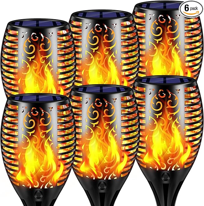 TomCare Solar Lights Outdoor Flickering Flame Solar Torch Lights Waterproof Outdoor Lighting Solar Powered Pathway Lights Christmas Decorations for Garden Patio Yard Landscape, 6 Pack