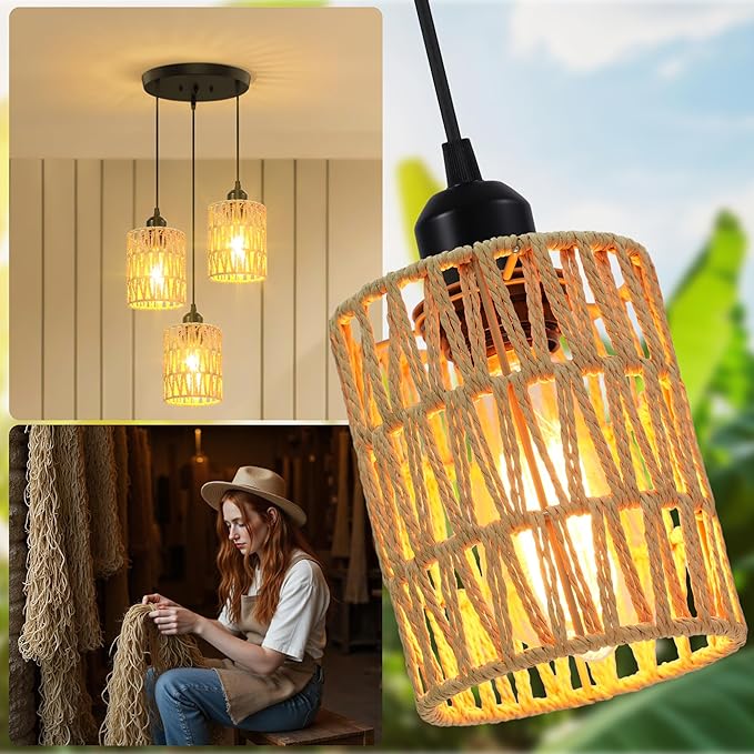 3 Light Pendant Lighting, Farmhouse Hanging Light Fixture for Kitchen Island & Dining Room, Industrial Vintage Ceiling Lamp with E26 Base, Adjustable Height, Rattan Pendant Light
