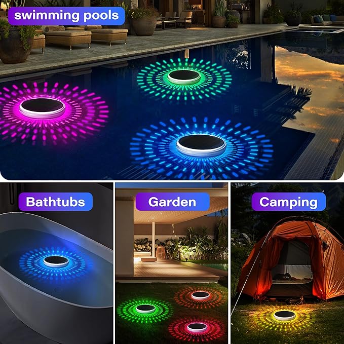 Solar Floating Pool Lights with Remote: 9 Color Modes Timer Function, IPX7 Waterproof Rechargeable LED Lights for Bathtub, Pool Parties Outdoor & Bathroom Decor, 2 Pack