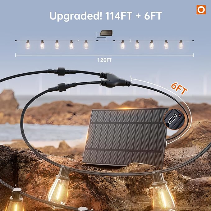 addlon 120FT(114+6) Solar String Lights Outdoor, Waterproof Solar Powered Outside Lights with Remote & USB Port, ST38 LED Shatterproof Bulbs, Dimmable Solar Light for Camping Backyard Porch