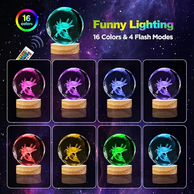 3D Axolotl Crystal Ball Night Light 3.15 inch Axolotl Glass Ball Lamp with 16 Color Changing Wooden Base and Remote Axolotl Ideal Gifts for Kids Friends Birthday Christmas Room Decor Axolotl Toys