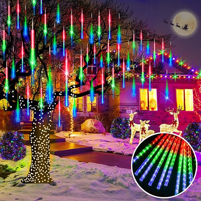 KNONEW 40 Tubes 1120 LED Meteor Shower Lights Christmas Lights Outdoor Plug in Waterproof Falling Rain Light for Xmas Tree Wedding Party Garden Holiday Rooftop Decorations (Multicolor)