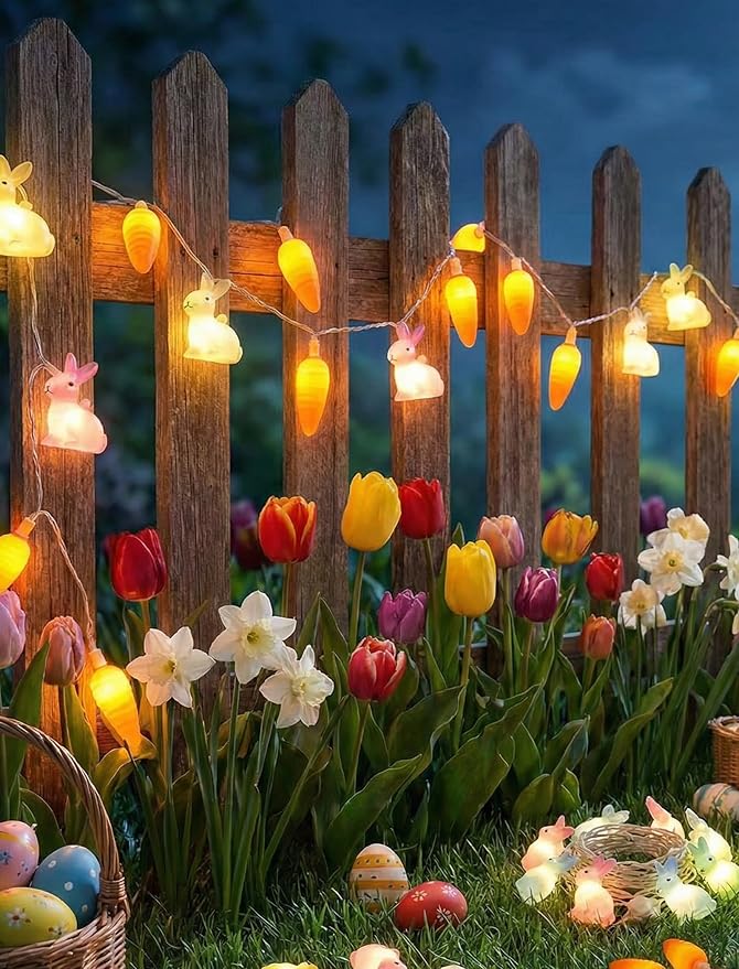 LED Easter Bunny Carrot String Lights, 8.5Ft Plug in Rabbit Lights Indoor Easter Decorations, 10 Multicolor Bunny Carrots for Outdoor Party Birthday Garden Spring Home Decor for Kids