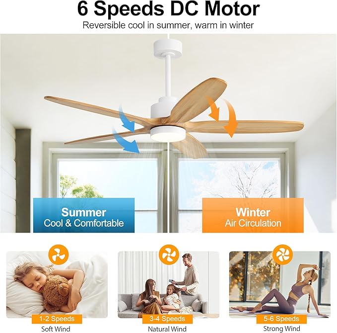 WINGBO 54" Ceiling Fan with Light - 5 Carved Solid Wood Blades, 6-Speed Reversible DC Motor, Dimmable, 3CCT, Noiseless Remote Control Ceiling Fans with Lights for Bedroom Living Room, White and Oak