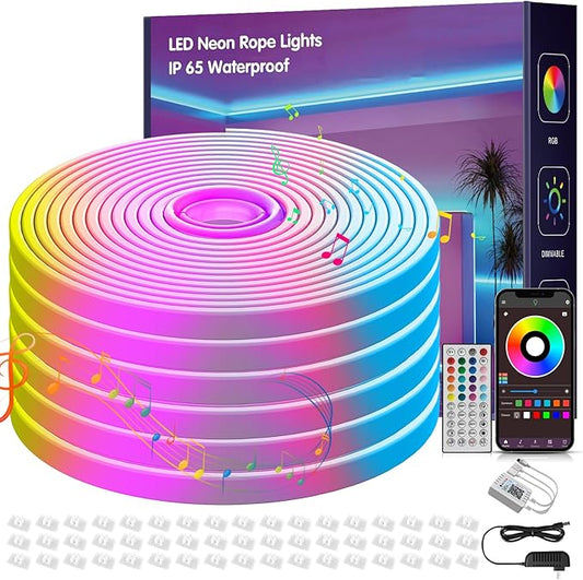 100FT Led Neon Rope Lights Music Sync, RGB Led Strip Lights Outdoor, Neon Led Light Strip with Remote & App Control, DIY Flexible Led Lights for Bedroom, Gaming, Party, Room Decor (2 * 50FT)