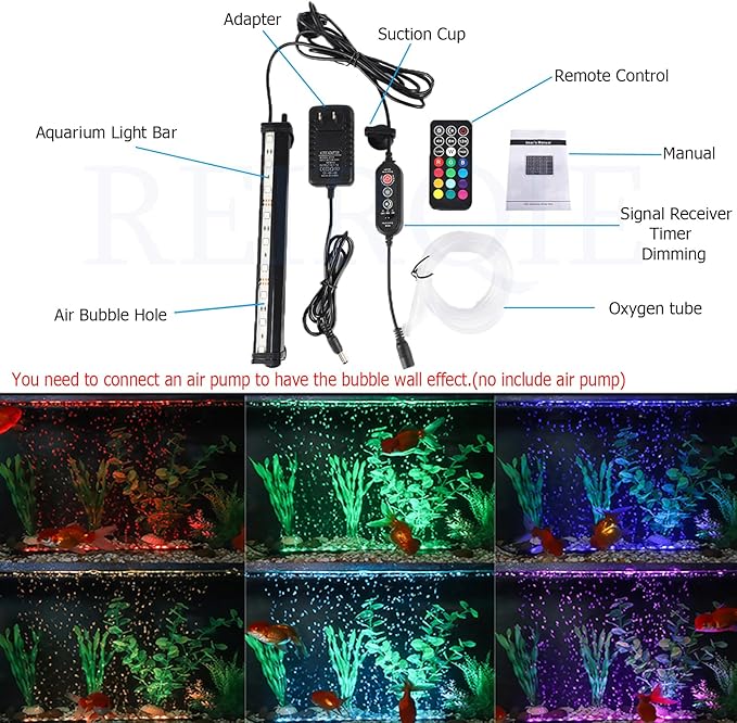 Submersible Aquarium Light,LED Aquarium Air Bubble Light,RGB Color Changing Brightness Adjustable Timing Waterproof Remote Control Fish Tank Light Bar,Aquarium Light Bubbler Wall,7inch