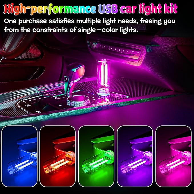 4 PCS Car USB Light Blub, Plug-in LED Ambient Lighting with Touch Dimming. The Brightness Can Be Adjusted Making It for Cars, Bedrooms, Hallways (1Red&1Blue&1Purple&Pink)