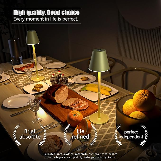 2-Pack Cordless Table Lamps - 5000mAh Rechargeable Battery Operated Desk Lamp, 3-Level Dimmable LED Night Light for Bedroom, Dining, Restaurant - Metal Design (Champagne Gold 2Pack)