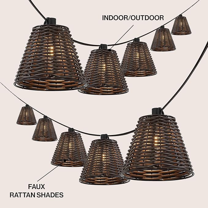 JONATHAN Y JYL8706C Payton 10-Light Indoor/Outdoor 10 ft. Classic Cottage LED G40 Faux-Rattan Shaded String Lights Coastal, Traditional, Farmhouse, Rustic, Patio, Porch, Backyard, Dark Brown