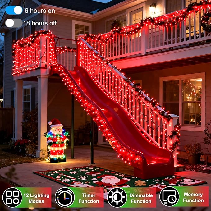 340 LED 90FT Christmas String Lights Outdoor, 12 Pro Modes and Timer Memory & Brightness, Plug in Waterproof Dark Green Wire Twinkle Light for for Xmas Yard Tree Wedding Party Decor (Red)