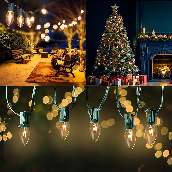C9 26ft Indoor/Outdoor Clear Incandescent Christmas String Lights with 25 Bulbs and E17 Base | 120V, 7W