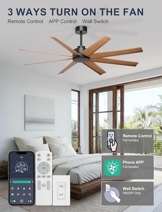Ohniyou 60'' Ceiling Fan No Light - 8 Blades Modern Farmhouse Ceiling Fan Remote/APP Control, Covered Outdoor Ceiling Fan for Patio, Living Room, Black+Wood Color