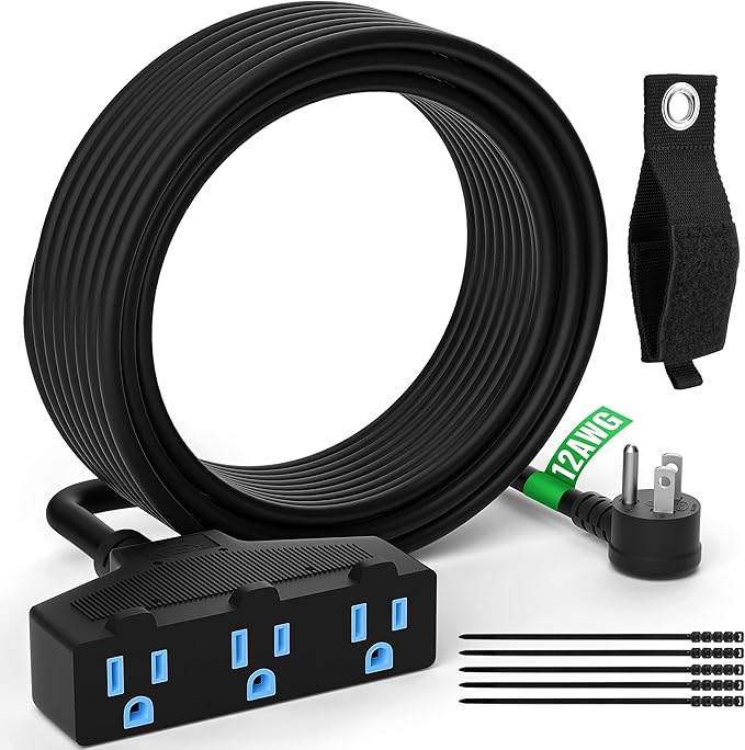 Outdoor Extension Cord 20 Ft with 3 Outlets, 12/3 SJTW 3 Prong Grounded Power Cord, 12 Gauge 12AWG Heavy Duty Power Cable, ETL Listed, 15 Amp 125 V 1875 W-Multiple Outlets for Indoor/Outdoor-Black
