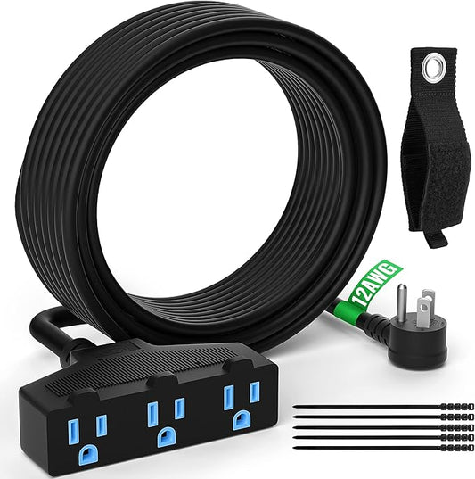 Outdoor Extension Cord 35 Ft with 3 Outlets, 12/3 SJTW 3 Prong Grounded Power Cord, 12 Gauge 12AWG Heavy Duty Power Cable, ETL Listed, 15 Amp 125 V 1875 W-Multiple Outlets for Indoor/Outdoor-Black