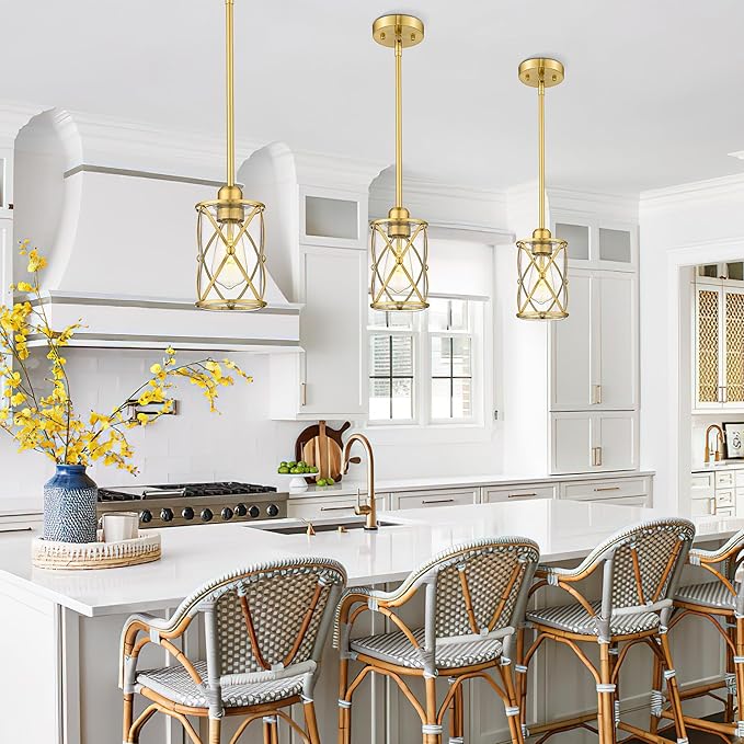 Brushed Gold Pendant Lights Kitchen Island 3 Pack, Glass Kitchen Pendant Lighting Over Island with Rod, Modern Mini Hanging Light for Kitchen Sink Dining Room, CH9176BG-3PK