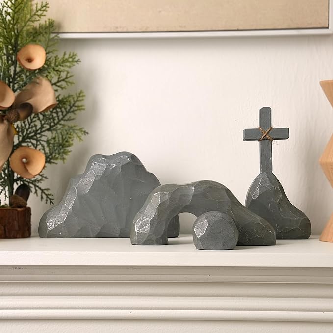 Empty Tomb Easter Decor with Cross, Easter Empty Tomb Resurrection Scene for Christian Decoration, Realistic Rock Resin Sculpture for Religious Display, Home Office Tabletop Tray, Church, Shelf Decor