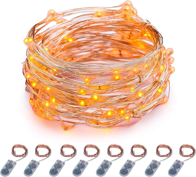 ITART Micro LED String Lights Battery Powered 8 Packs Orange Mini Fairy Hanging Light 20 LED 6Ft Ultra Thin Silver Wire Rope Lights for Christmas Trees Wedding Parties Bedroom