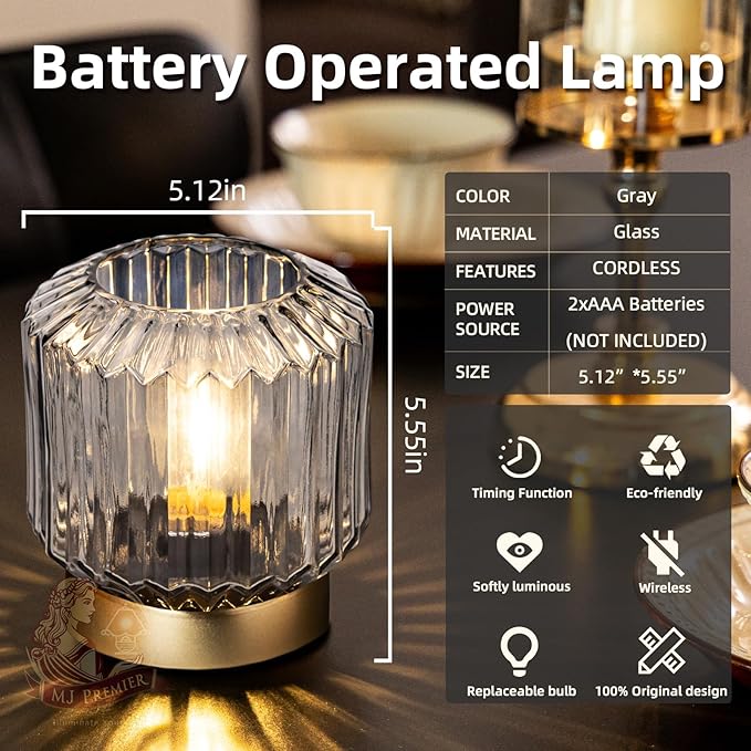 MJ PREMIER Battery Operated Lamp with Timer Cordless Lamps for Home Decor Battery Powered Nightlight with LED Bulb Decorative Glass Beside Lamp for Valentine's Gift Bathroom Bedroom Living Room Grey