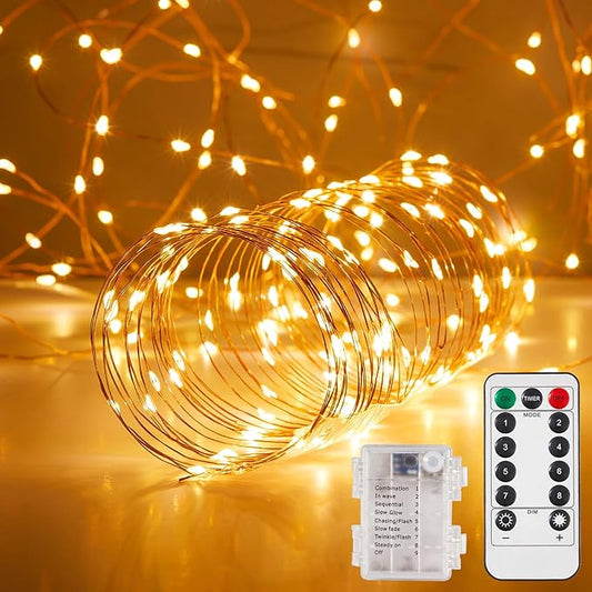 1 Pack 65.6 Ft. Battery Operated Outdoor String Lights with Remote & Timer, LED Warm White Fairy Lights, Waterproof Twinkle Lights for Bedroom, Dorm, Mason Jar, Wedding, Party, Christmas