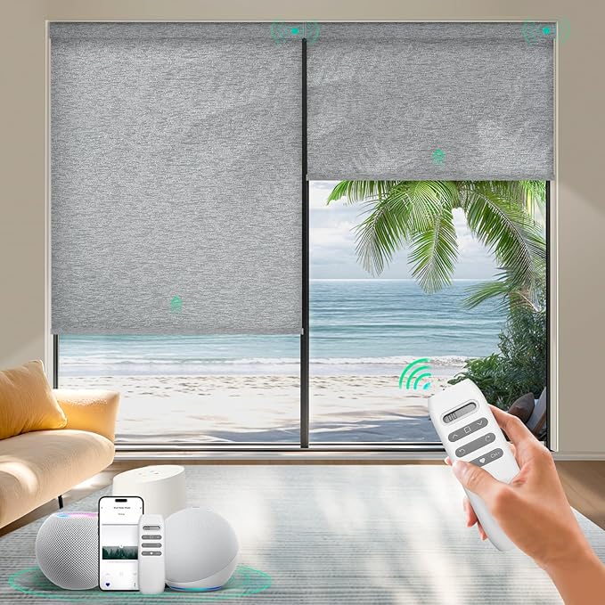 HeyBlinds Motorized Roller Shades, Smart Blinds for Windows, Remote Automatic Window Shades, Electric Shades, Light Filtering, Compatible with Alexa Google Apple Home (Silver Lining-Misty Grey LF)