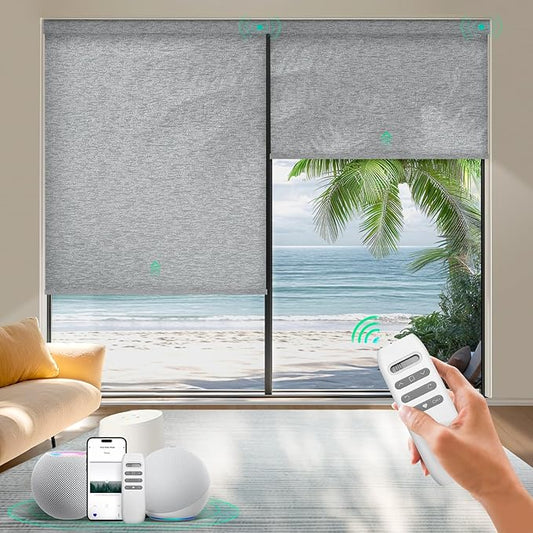 HeyBlinds Motorized Roller Shades, Smart Blinds for Windows, Remote Automatic Window Shades, Electric Shades, Light Filtering, Compatible with Alexa Google Apple Home (Silver Lining-Misty Grey LF)