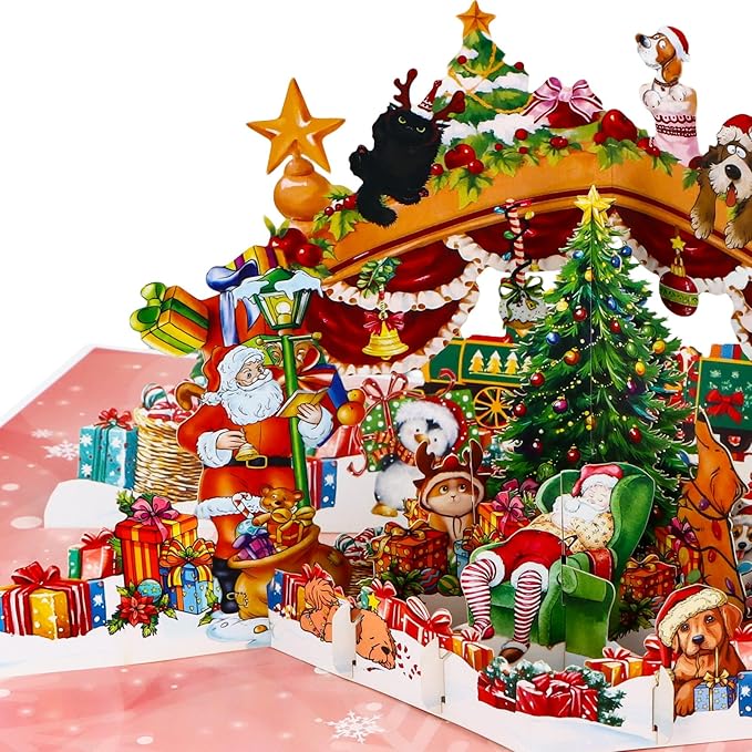 FaCraft Musical Christmas Cards, with Lights and Music, 15.4 x 10.4 inch Handmade 3D Large Pop Up Christmas Card, with Envelope Blank Insert and Seal for Winter Holidays New Year (Dogs Cats Party)