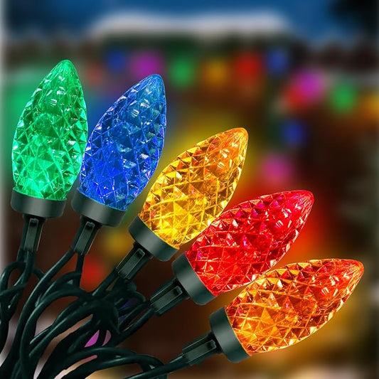 C9 LED Multicolor Christmas Lights Outdoor, 26FT Hanging Christmas Decorations Lights with 50 Diamond C9 Colorful Bulbs, Connectable Patio Light Waterproof for Tree Patio Roofline Holiday Party