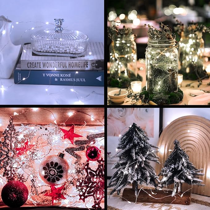 LED Fairy Lights Battery Operated 2Pack, White String Lights 16FT 50LED Silver Wire String Light Indoor Outdoor Waterproof Cuttable Starry Fairy Light for Bedroom Easter Halloween Christmas Decoration