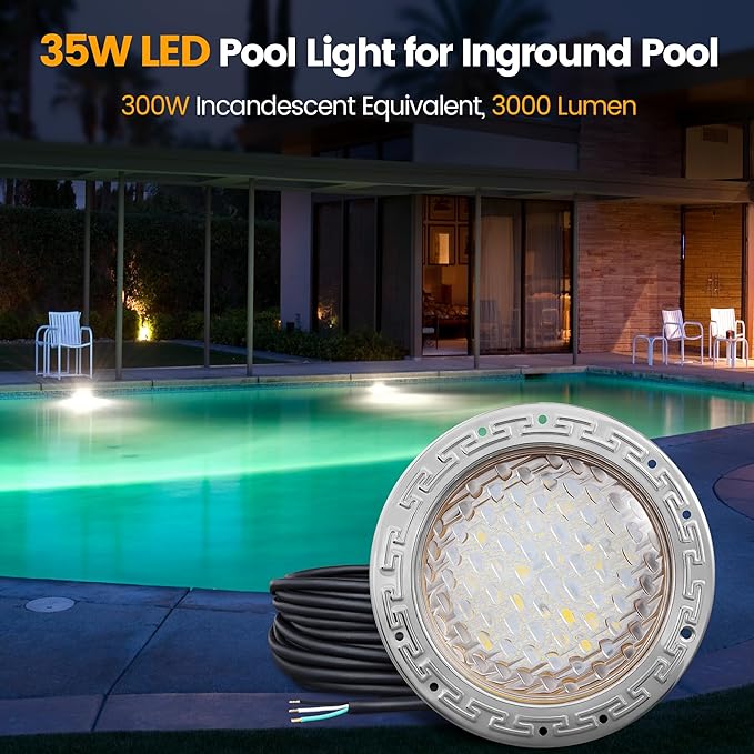 SURAIELEC 12V AC Pool Lights for Inground Pool, 10 inch Underwater Pool Light Replacement, 35W LED, 3000LM, 6000K Cool White, Swimming Pool Light for Pentair Wet Niches, 100FT Cord