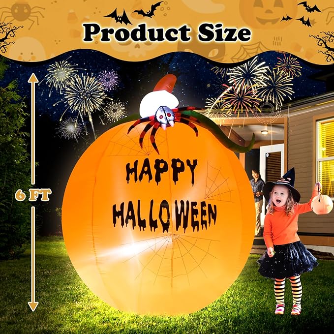 6Ft Pumpkin Lighted Halloween Inflatable Pumpkin Spider LED Lights Decor Outdoor Indoor Holiday Decorations, Blow up Lighted Yard Decor, Giant Lawn Inflatables Home Family Outside